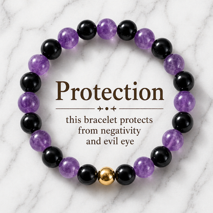 Amethyst and Black Obsidian Crystal Beaded Bracelet With Real Gold - Protection