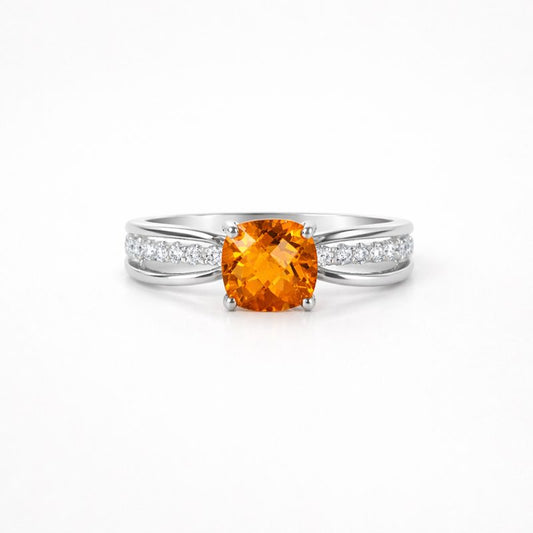 Natural Citrine 14k White Gold Ring With Real Diamonds