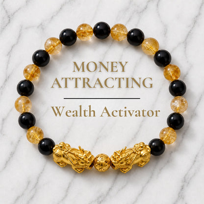 Money Attracting Citrine and Black Obsidian Double Pixiu Bracelet