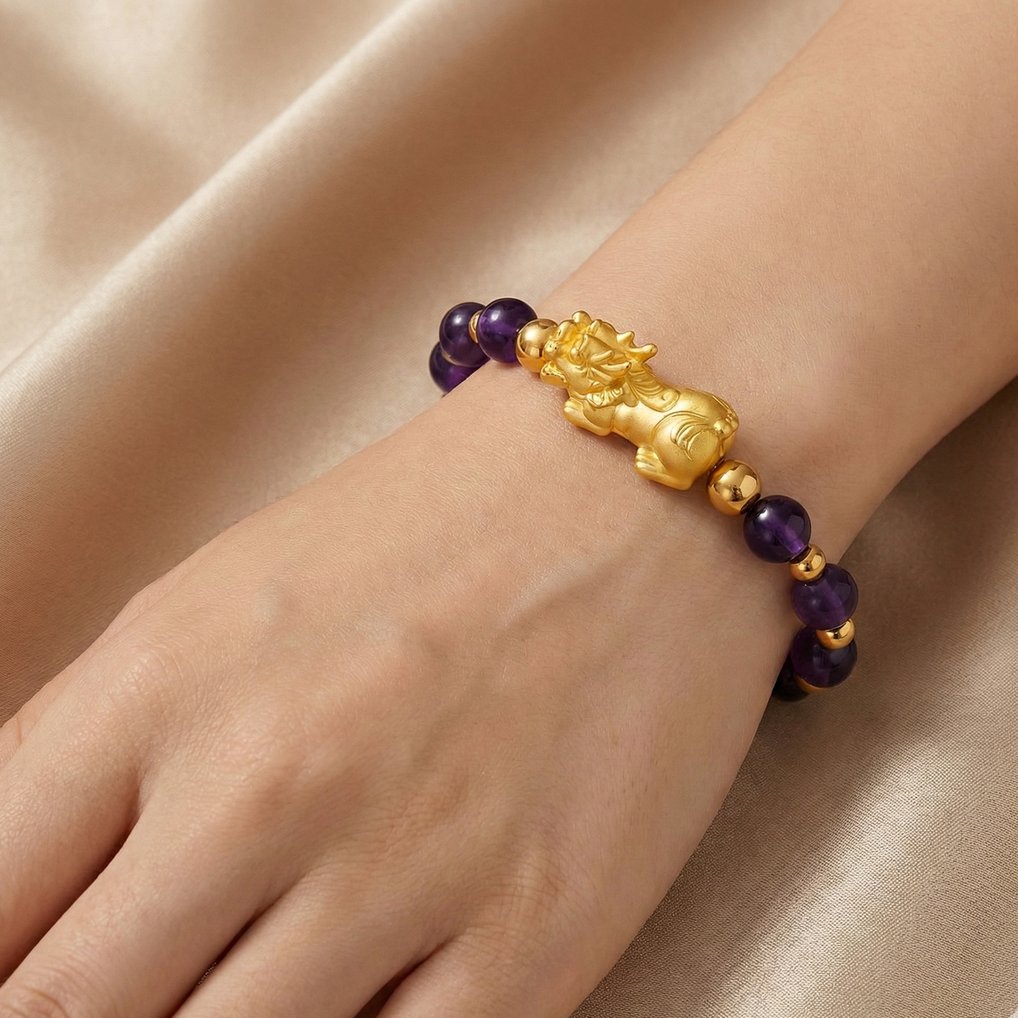 Amethyst Grade AA Infinite Fortune 18k Gold Vermeil Pixiu Feng Shui Bracelet