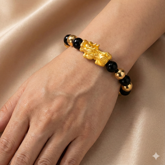 Black Obsidian Infinite Fortune 18k Gold Vermei Pixiu Feng Shui Bracelet