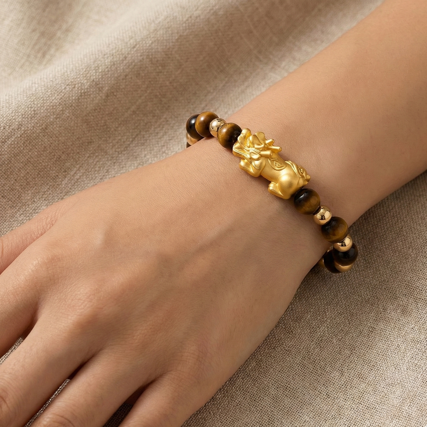 Tigers Eye Infinite Fortune 18k Gold Vermei Pixiu Feng Shui Bracelet