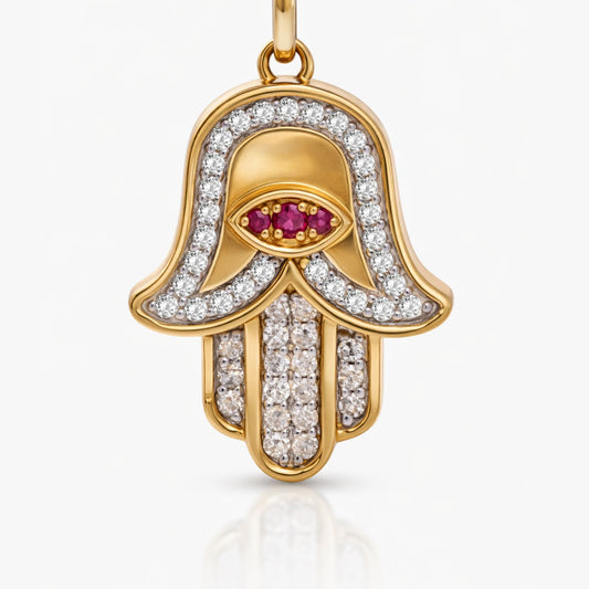 Gold Ruby Hamsa Pendant