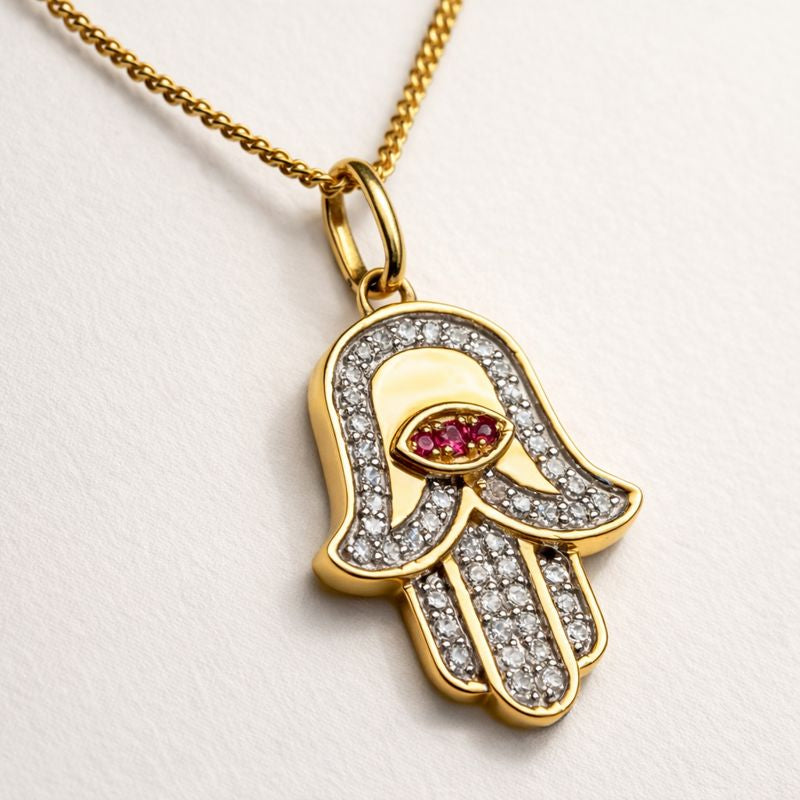 Gold Ruby Hamsa Pendant