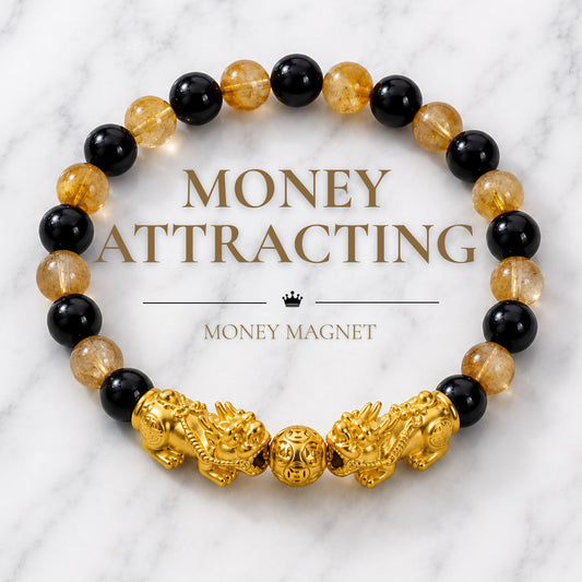 Money Attracting Citrine and Black Obsidian Double Pixiu Bracelet