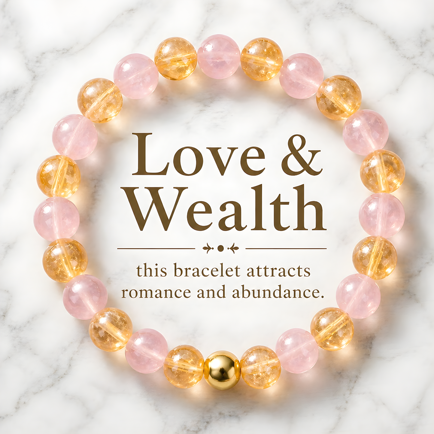 Rose Quarts and Citrine Crystal Beaded Bracelet With Real Gold - Love and Wealth