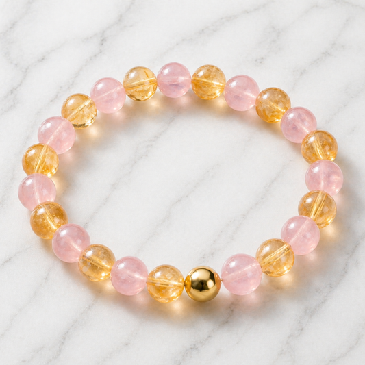 Rose Quarts and Citrine Crystal Beaded Bracelet With Real Gold - Love and Wealth