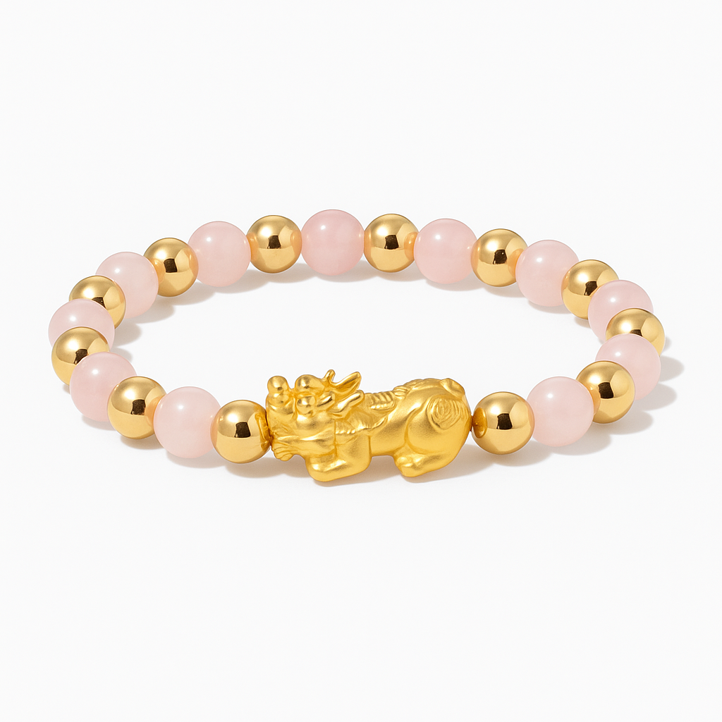 Rose Quartz Infinite Fortune 18k Gold Vermei Pixiu Feng Shui Bracelet
