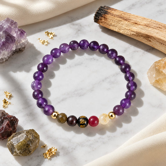 Amethyst Mega Manifest Lucky 7 Gemstone Bracelet With REAL Gold