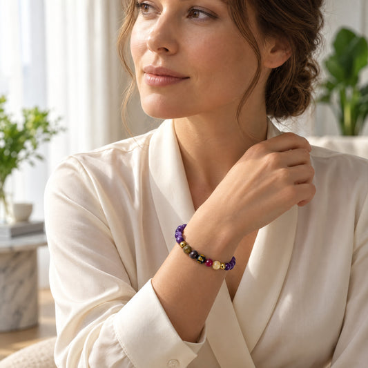 Amethyst Mega Manifest Lucky 7 Gemstone Bracelet With REAL Gold