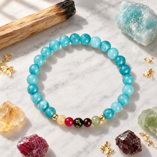 Aquamarine Mega Peace Lucky 7 Gemstone Bracelet With REAL Gold