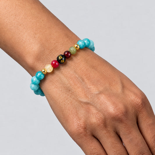 Aquamarine Mega Peace Lucky 7 Gemstone Bracelet With REAL Gold