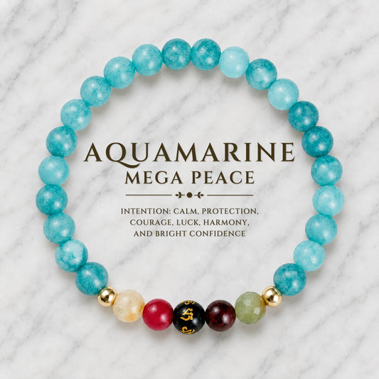 Aquamarine Mega Peace Lucky 7 Gemstone Bracelet With REAL Gold