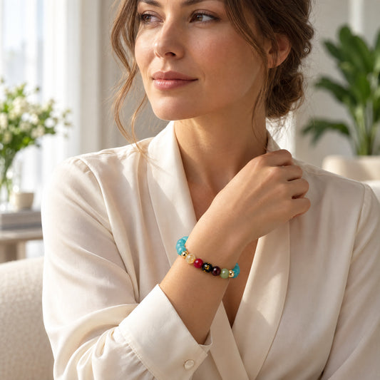 Aquamarine Mega Peace Lucky 7 Gemstone Bracelet With REAL Gold