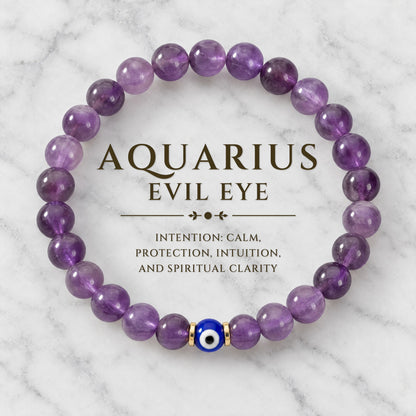 Aquarius Evil Eye Amethyst Crystal Protection Bracelet