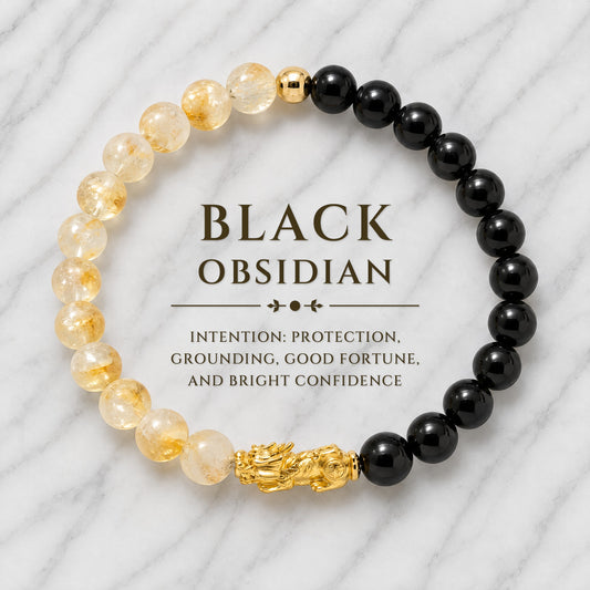 Black Obsidian and Citrine Eclipse 18k Pixiu Bracelet - Protection