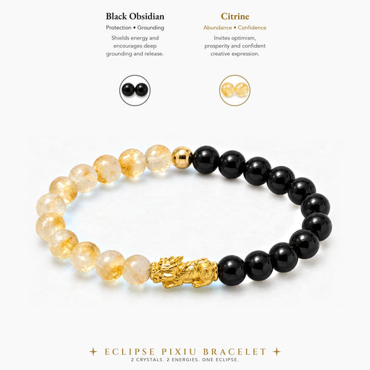 Black Obsidian and Citrine Eclipse 18k Pixiu Bracelet - Protection