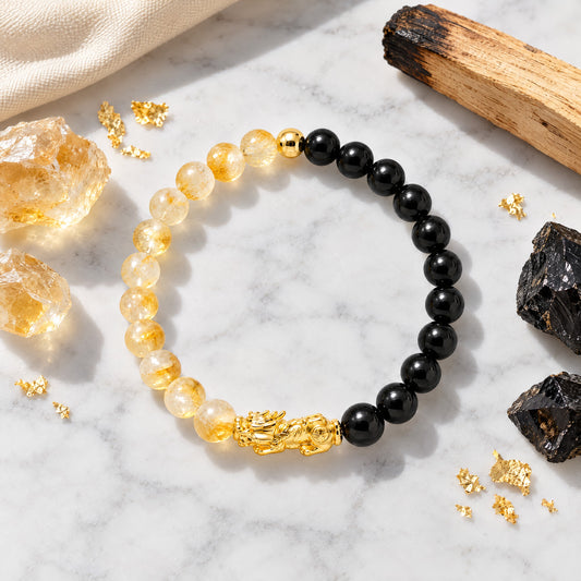 Black Obsidian and Citrine Eclipse 18k Pixiu Bracelet - Protection