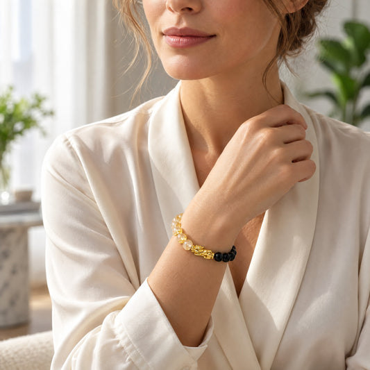 Black Obsidian and Citrine Eclipse 18k Pixiu Bracelet - Protection