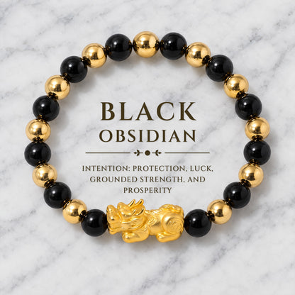 Black Obsidian Infinite Fortune 18k Gold Vermei Pixiu Feng Shui Bracelet