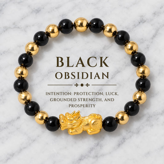 Black Obsidian Infinite Fortune 18k Gold Vermei Pixiu Feng Shui Bracelet