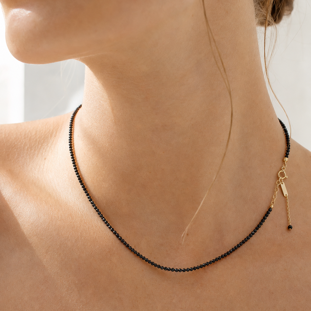 Black Spinel Protection Beaded Necklace - on model