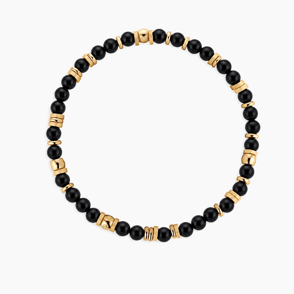 Black Obsidian Wealth Guardian Bracelet - gold and black obsidian beaded stretch bracelet