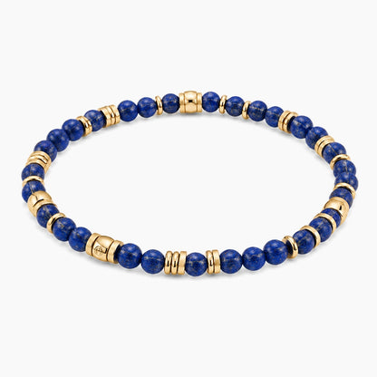 Lapis Lazuli Prosperity Bracelet - angled view of gold and lapis lazuli beaded stretch bracelet