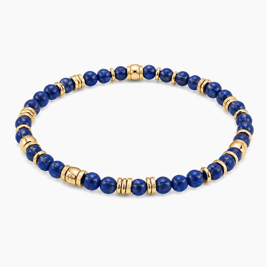 Lapis Lazuli Prosperity Bracelet - angled view of gold and lapis lazuli beaded stretch bracelet