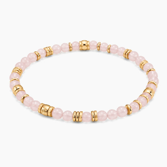 Rose Quartz Abundant Heart Bracelet - angled view of gold and rose quartz beaded stretch bracelet