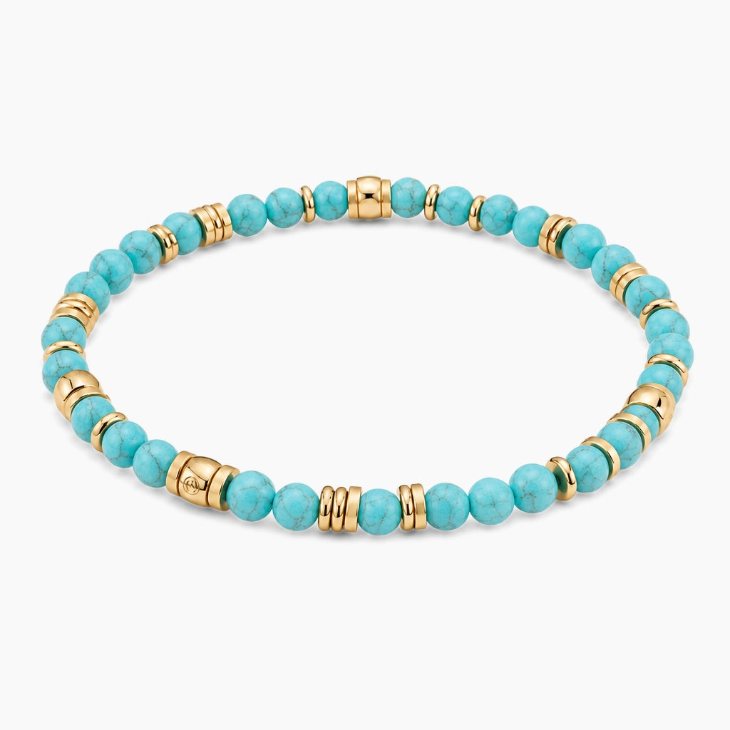 Turquoise Fortune Flow Bracelet - angled view of gold and turquoise beaded stretch bracelet