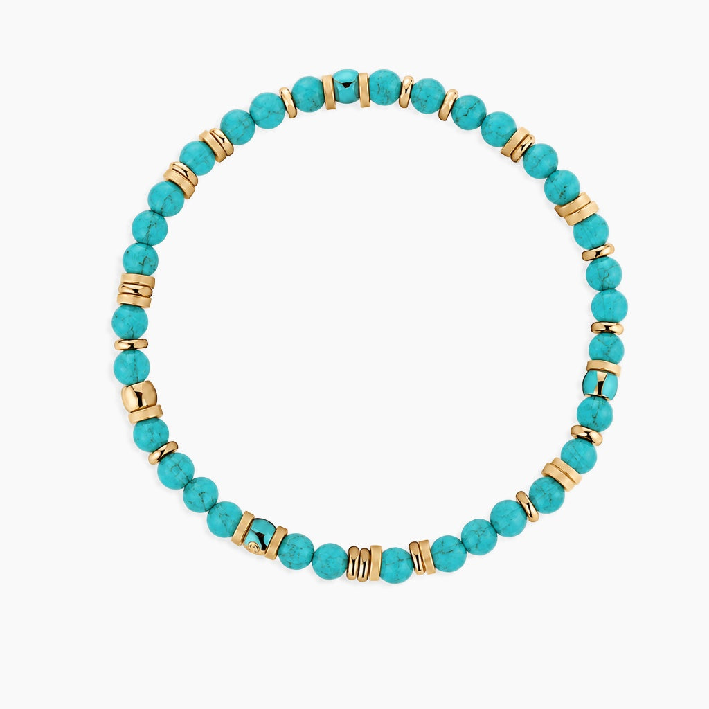 Turquoise Fortune Flow Bracelet - gold and turquoise beaded stretch bracelet