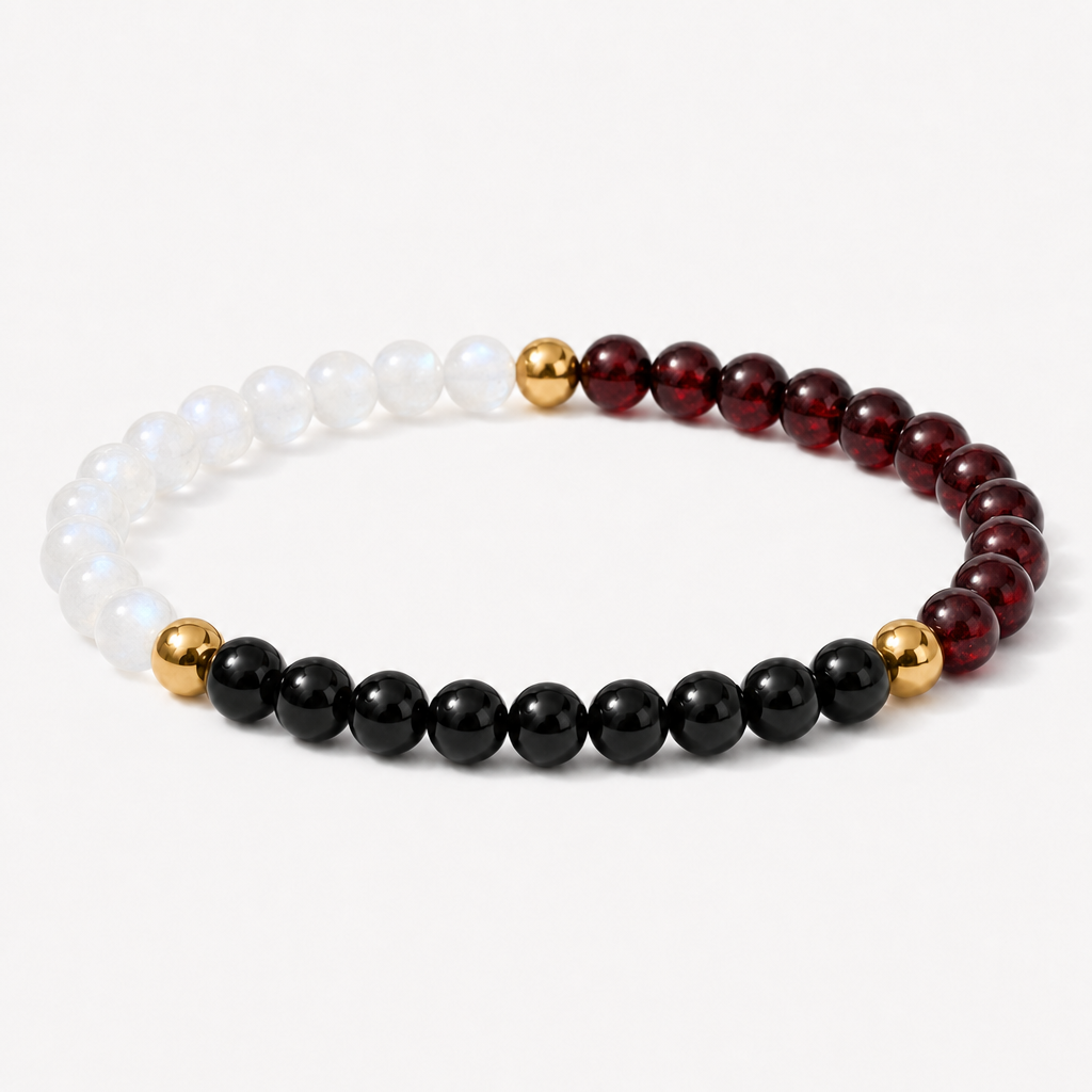 Full Moon Manifestation Bracelet – Moonstone, Red Garnet & Black Onyx – product view