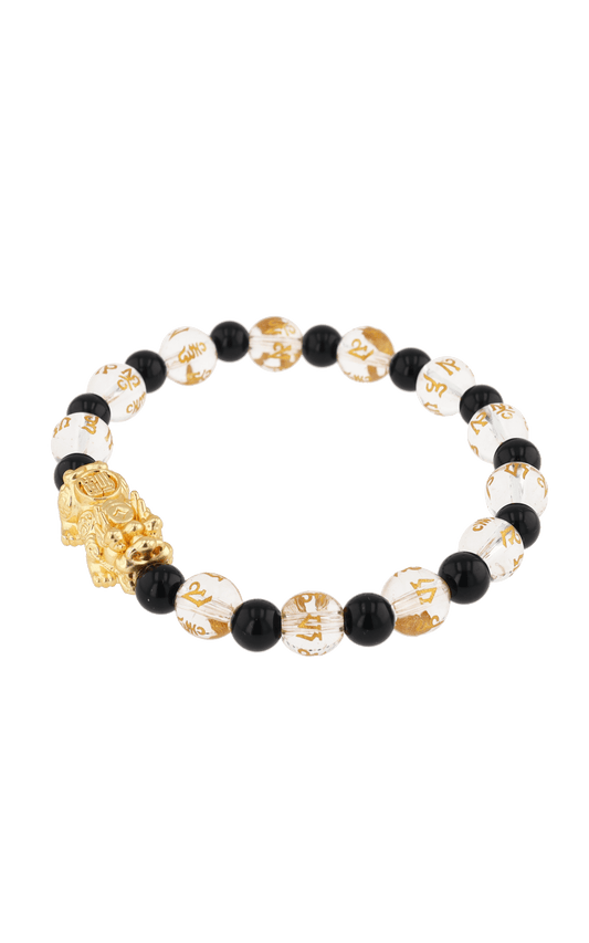 Clear Quartz & Black Obsidian 18k Gold Vermeil Pixiu Feng Shui Bracelet - Eat.Read.Love.