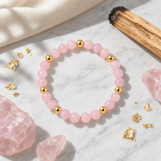 Elevated Love Bracelet with REAL Gold Beads and Rose Quartz