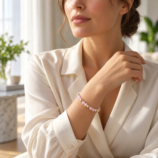 Elevated Love Bracelet with REAL Gold Beads and Rose Quartz
