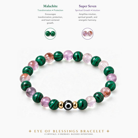 Eye of Blessings Malachite and Super Seven Bracelet REAL Gold