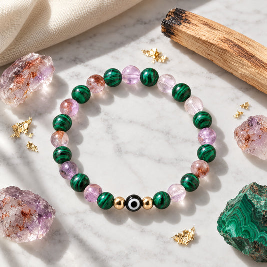 Eye of Blessings Malachite and Super Seven Bracelet REAL Gold