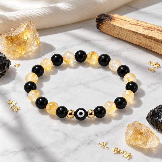 Eye of Protection Citrine and Black Obsidian Bracelet REAL Gold