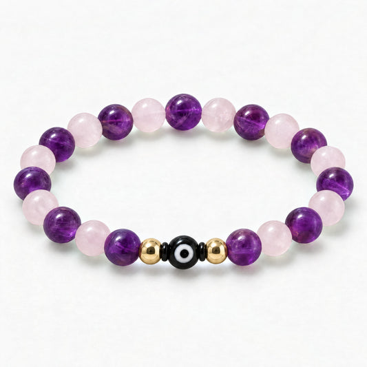 Eye of Romance Rose Quartz and Amethyst Bracelet REAL Gold
