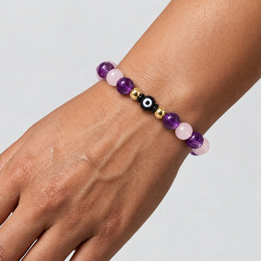 Eye of Romance Rose Quartz and Amethyst Bracelet REAL Gold