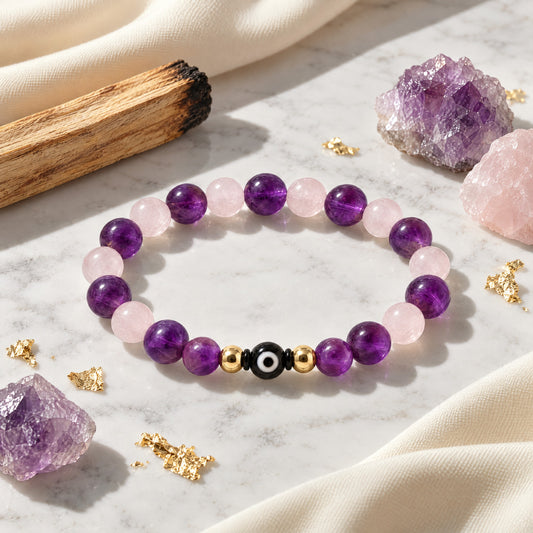 Eye of Romance Rose Quartz and Amethyst Bracelet REAL Gold