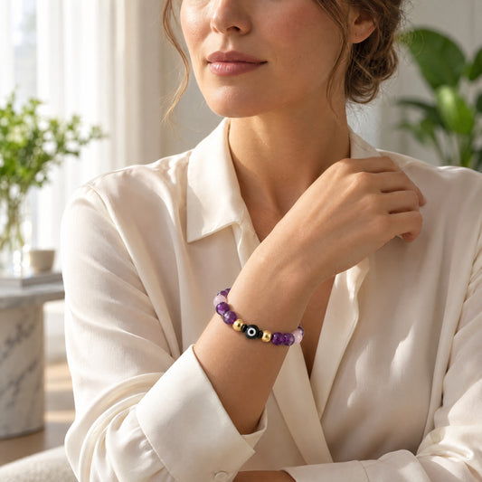 Eye of Romance Rose Quartz and Amethyst Bracelet REAL Gold
