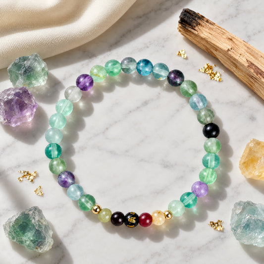 Fluorite Mega Happiness Lucky 7 Gemstone Bracelet With REAL Gold