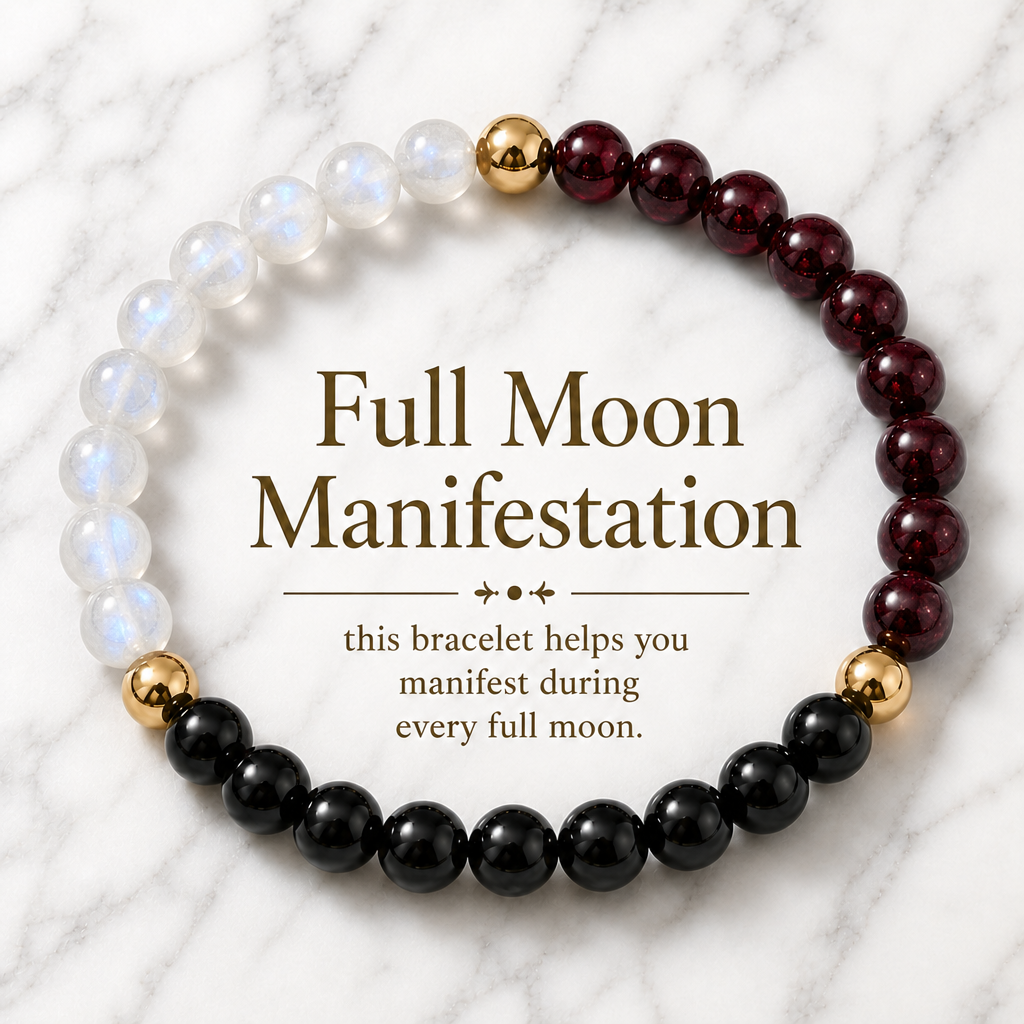Full Moon Manifestation Bracelet – Moonstone, Red Garnet & Black Onyx