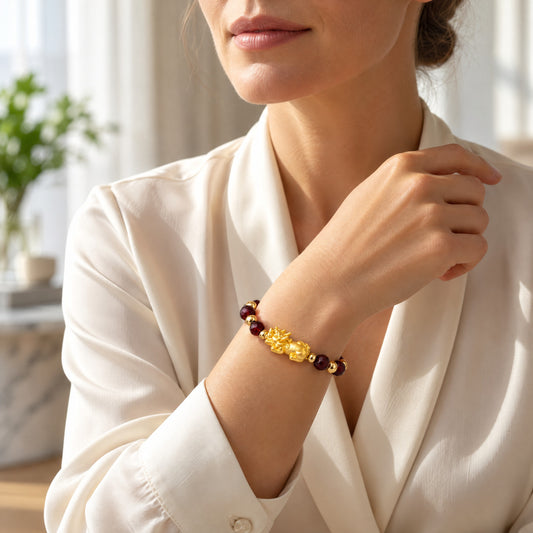 Garnet Infinite Fortune 18k Gold Vermei Pixiu Feng Shui Bracelet