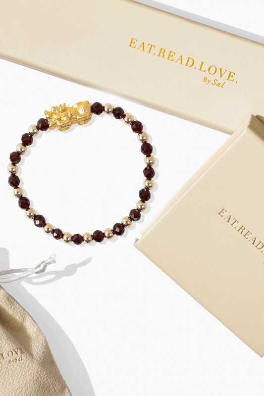 Garnet Infinite Fortune 18k Gold Vermei Pixiu Feng Shui Bracelet - Eat.Read.Love.
