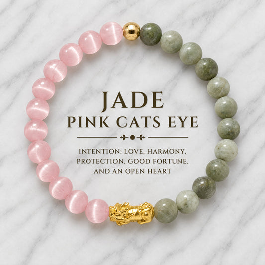 Jade and Pink Cats Eye Eclipse 18k Pixiu Bracelet - Romance