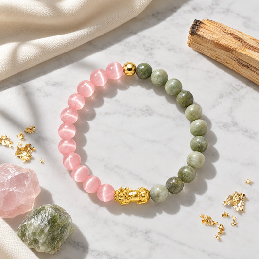 Jade and Pink Cats Eye Eclipse 18k Pixiu Bracelet - Romance