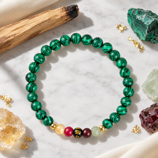 Malachite Mega Growth Lucky 7 Gemstone Bracelet With REAL Gold